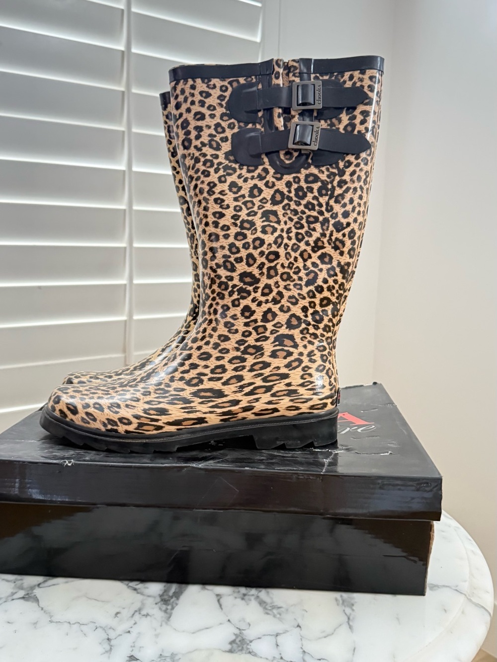 chooka Leopard Print Tall Rain Boots in Black and Tan - Picture 3 of 7